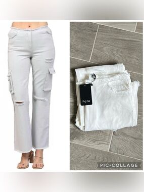 🟠NWT FATE High Waisted Cargo Jeans w/Raw Waist and Hem Light Distressing - White